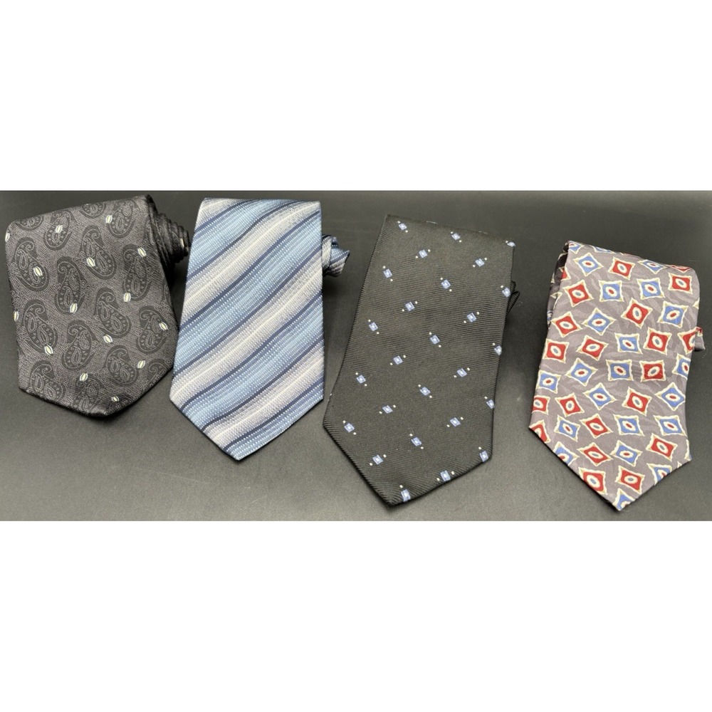 Lot 5 Van Heusen Men's Tie's 3 100% Silk Black Blue Gray Geometric Strips GUC